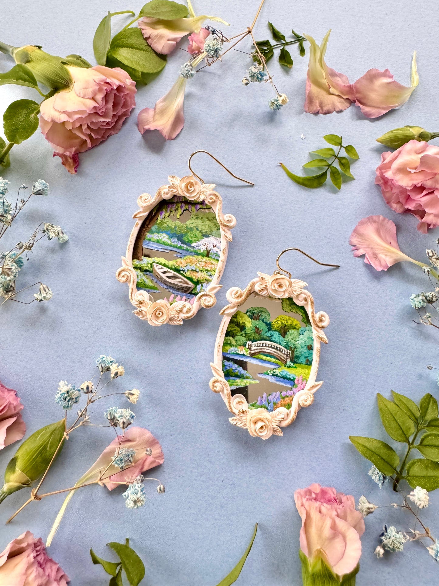Boat + Bridge Hand Painted Landscape Mirror Earrings - Jewelry