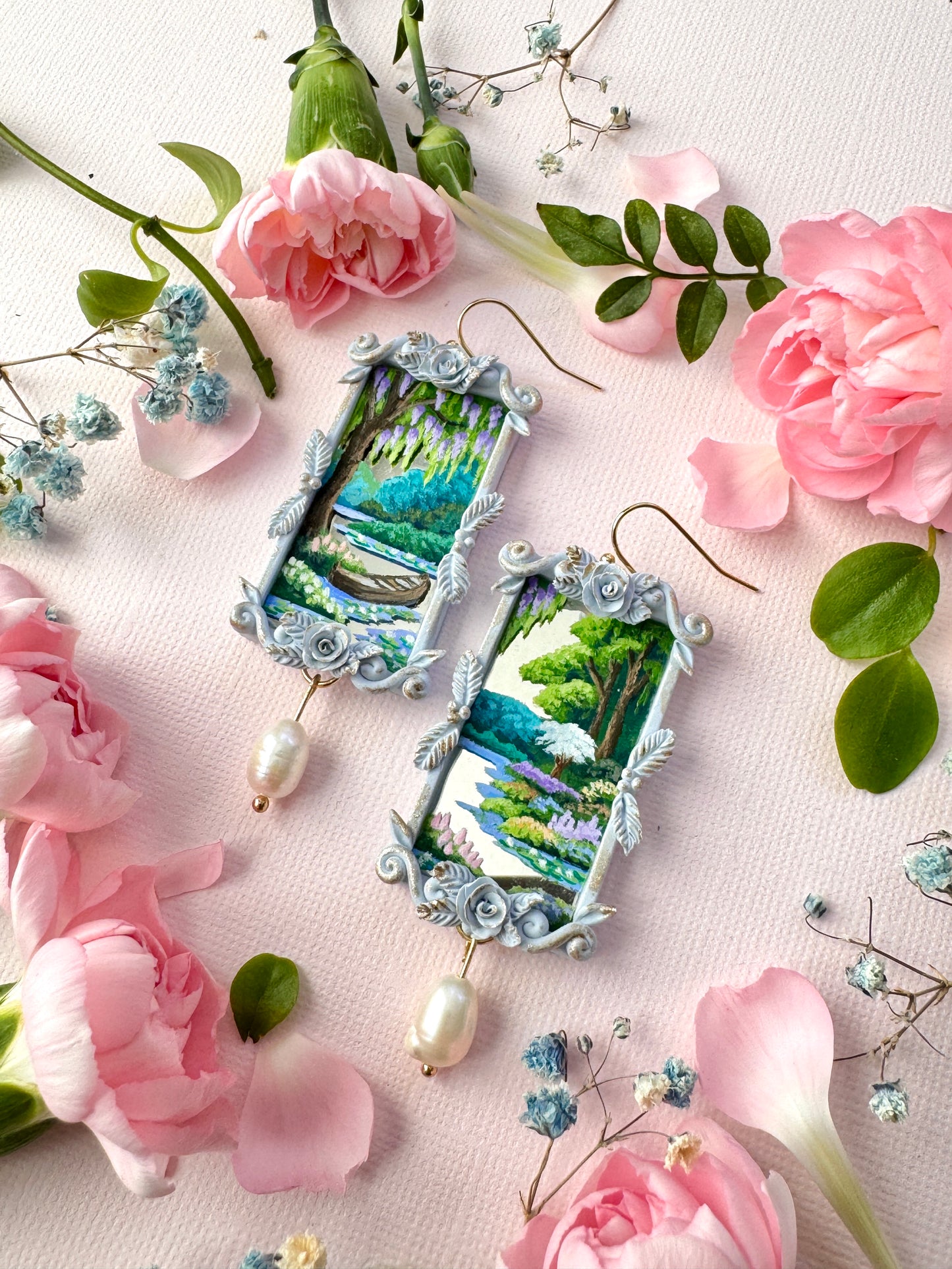 Boat + Garden Hand Painted Landscape Mirror Earrings - Jewelry