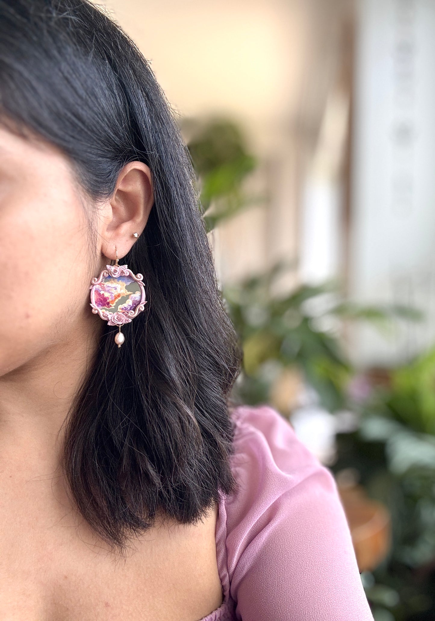 Hand Painted Circle Clouds + Skyscape Mirror Earrings - Landscape Jewelry