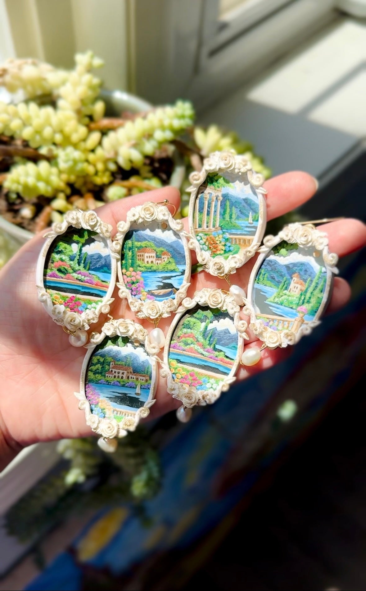 Hand Painted Gold Oval Coastal+ Seascape + Landscape Mirror Earrings 02- Landscape Jewelry