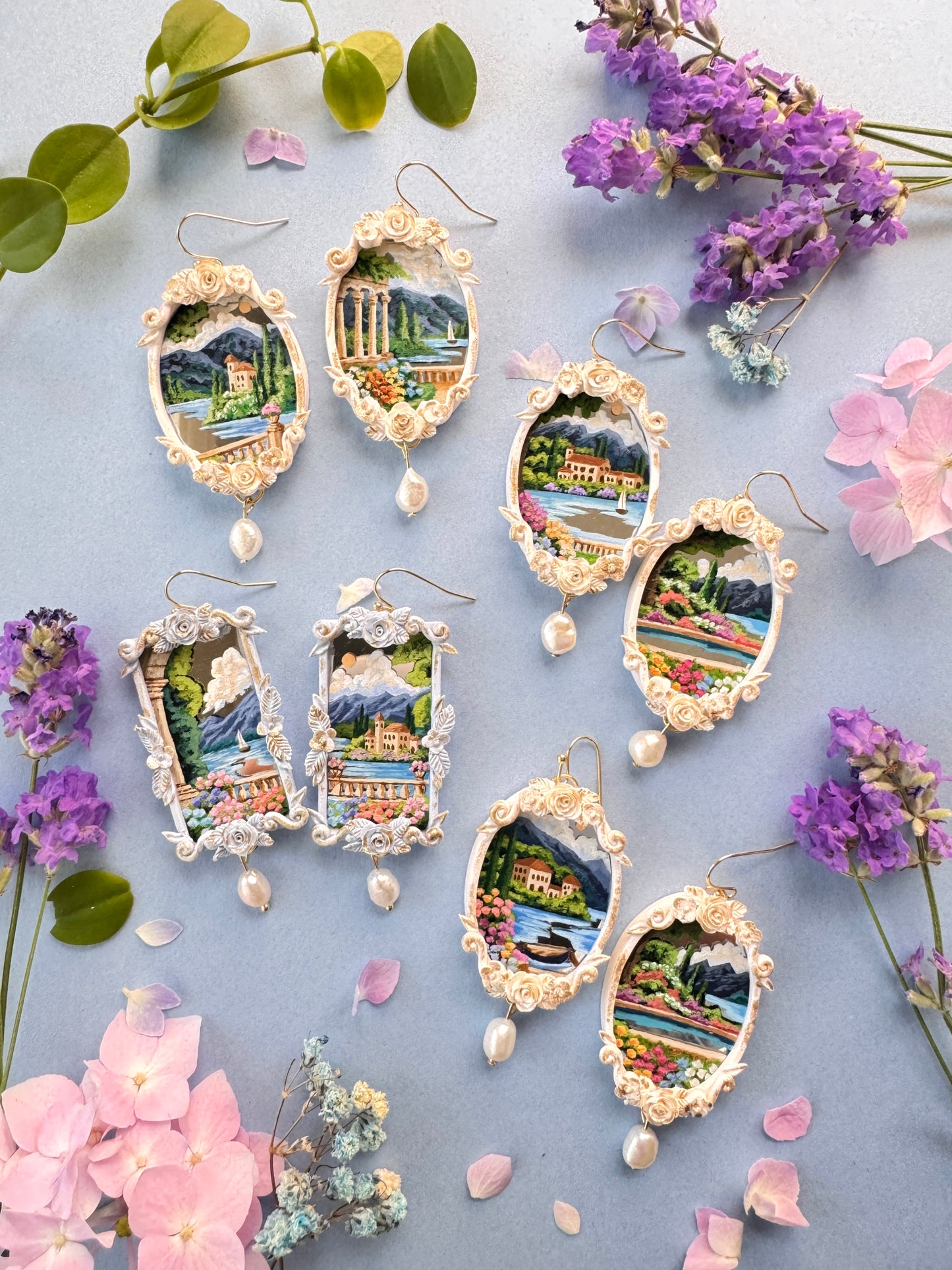 Hand Painted Gold Oval Coastal+ Seascape + Landscape Mirror Earrings 02- Landscape Jewelry
