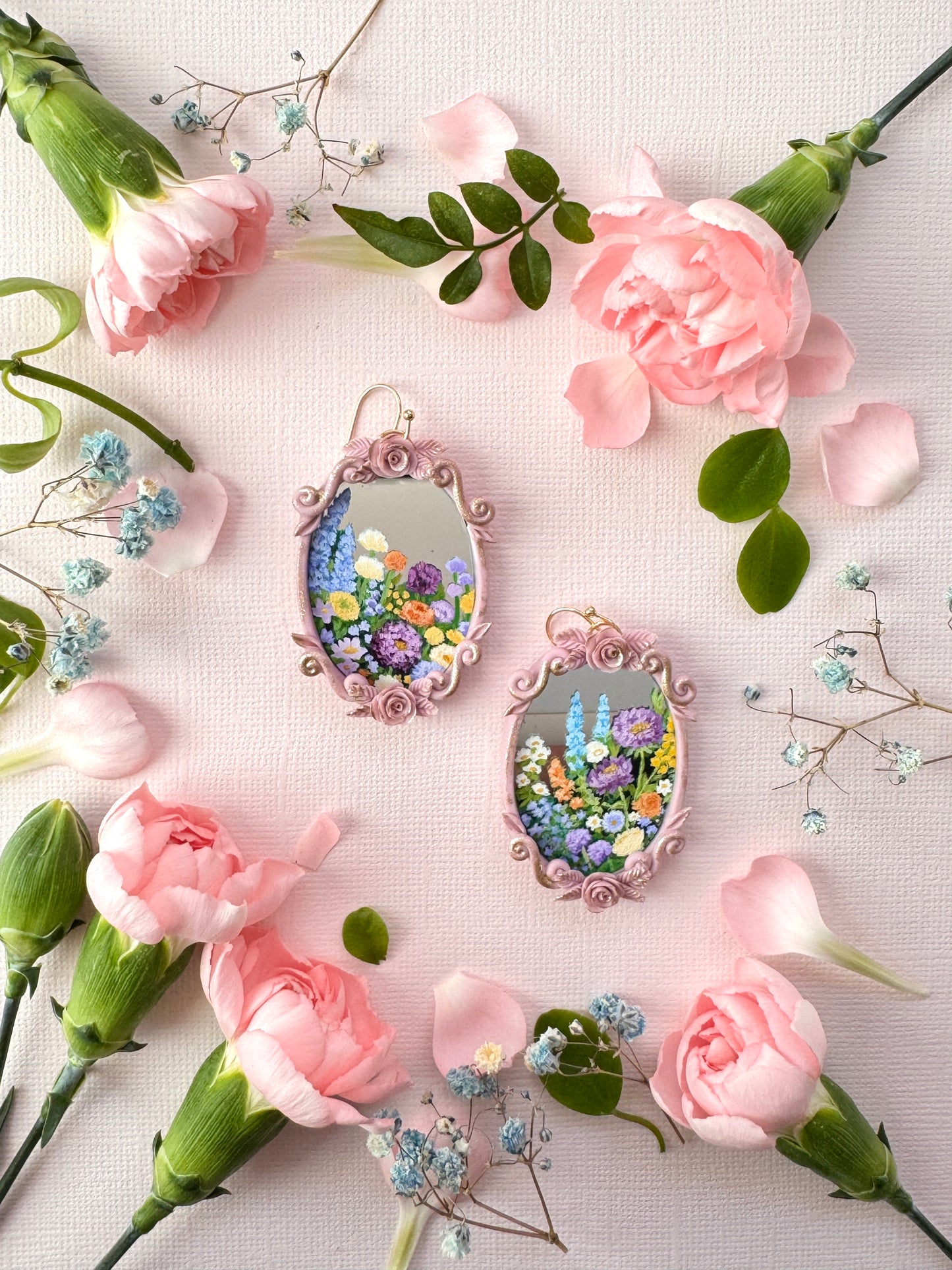 Floral Hand Painted Landscape Mirror Earrings - Jewelry