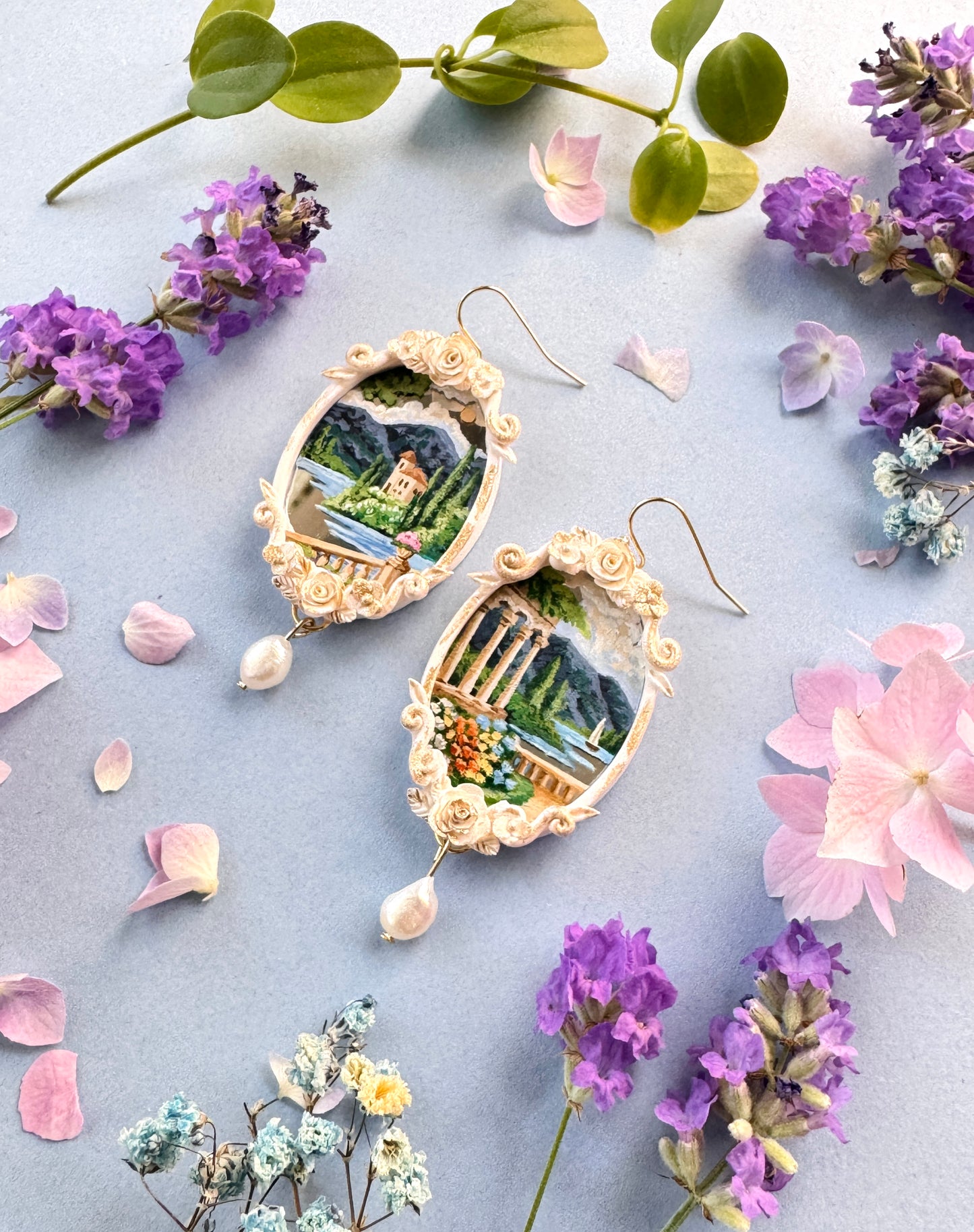 Hand Painted Gold Oval Coastal+ Seascape + Landscape Mirror Earrings 01- Landscape Jewelry (Copy)