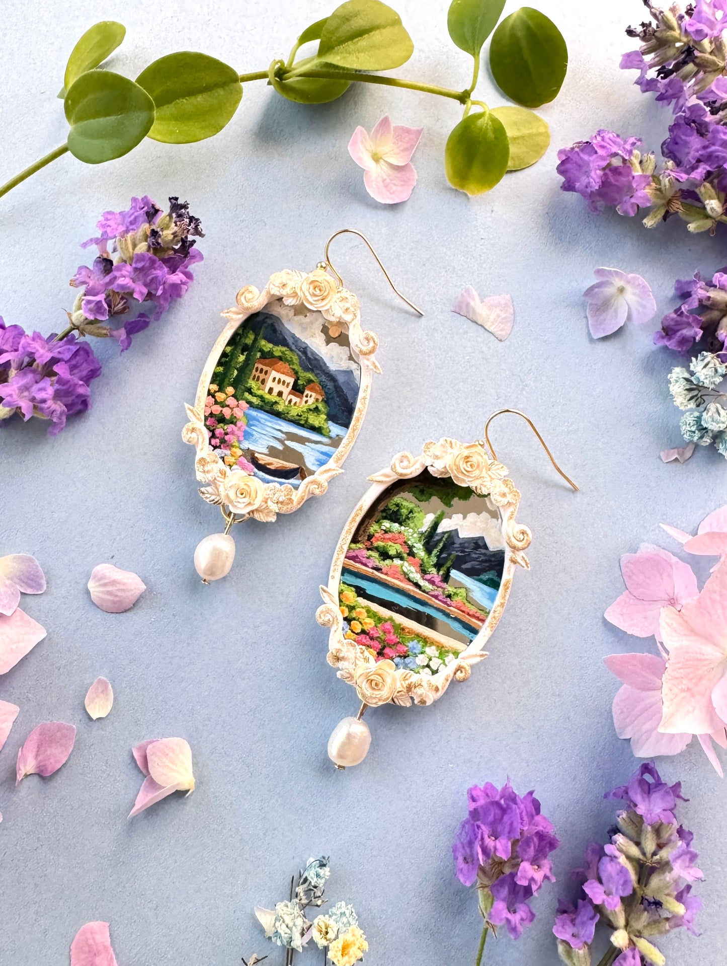 Hand Painted Gold Oval Coastal+ Seascape + Landscape Mirror Earrings 02- Landscape Jewelry