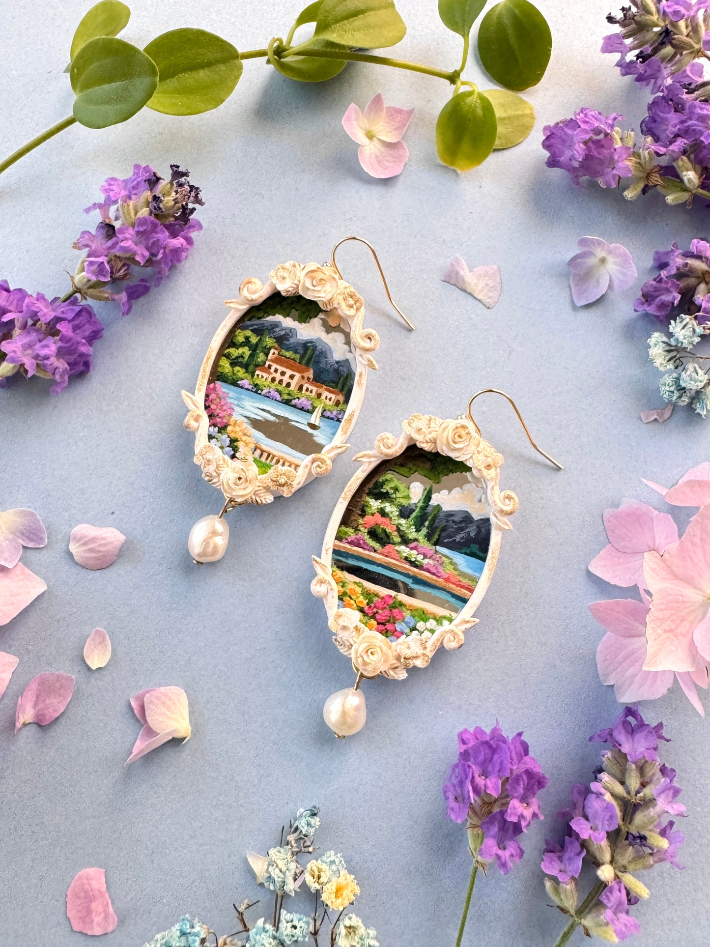 Hand Painted Gold Oval Coastal+ Seascape + Landscape Mirror Earrings 03- Landscape Jewelry
