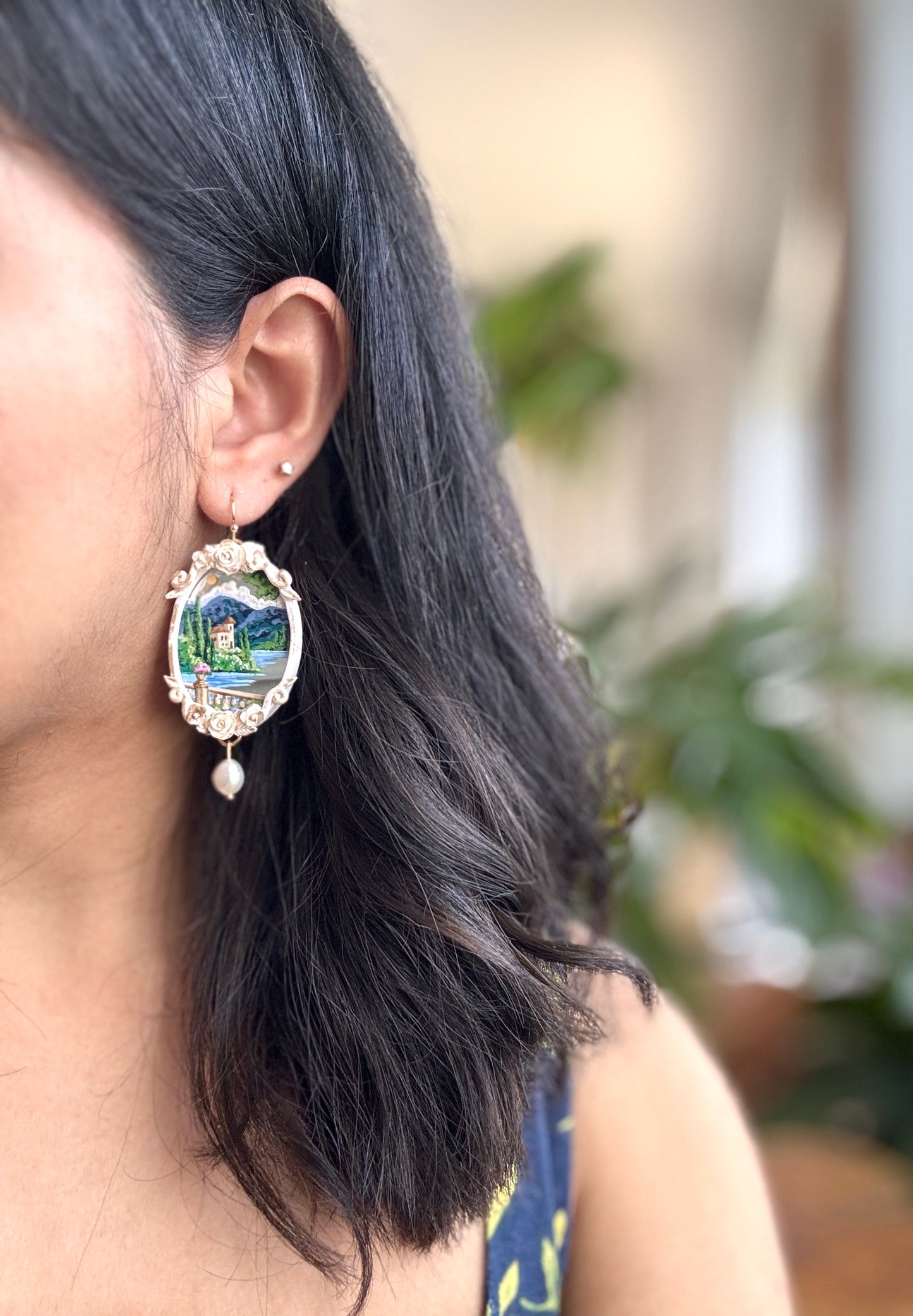 Hand Painted Gold Oval Coastal+ Seascape + Landscape Mirror Earrings 01- Landscape Jewelry (Copy)