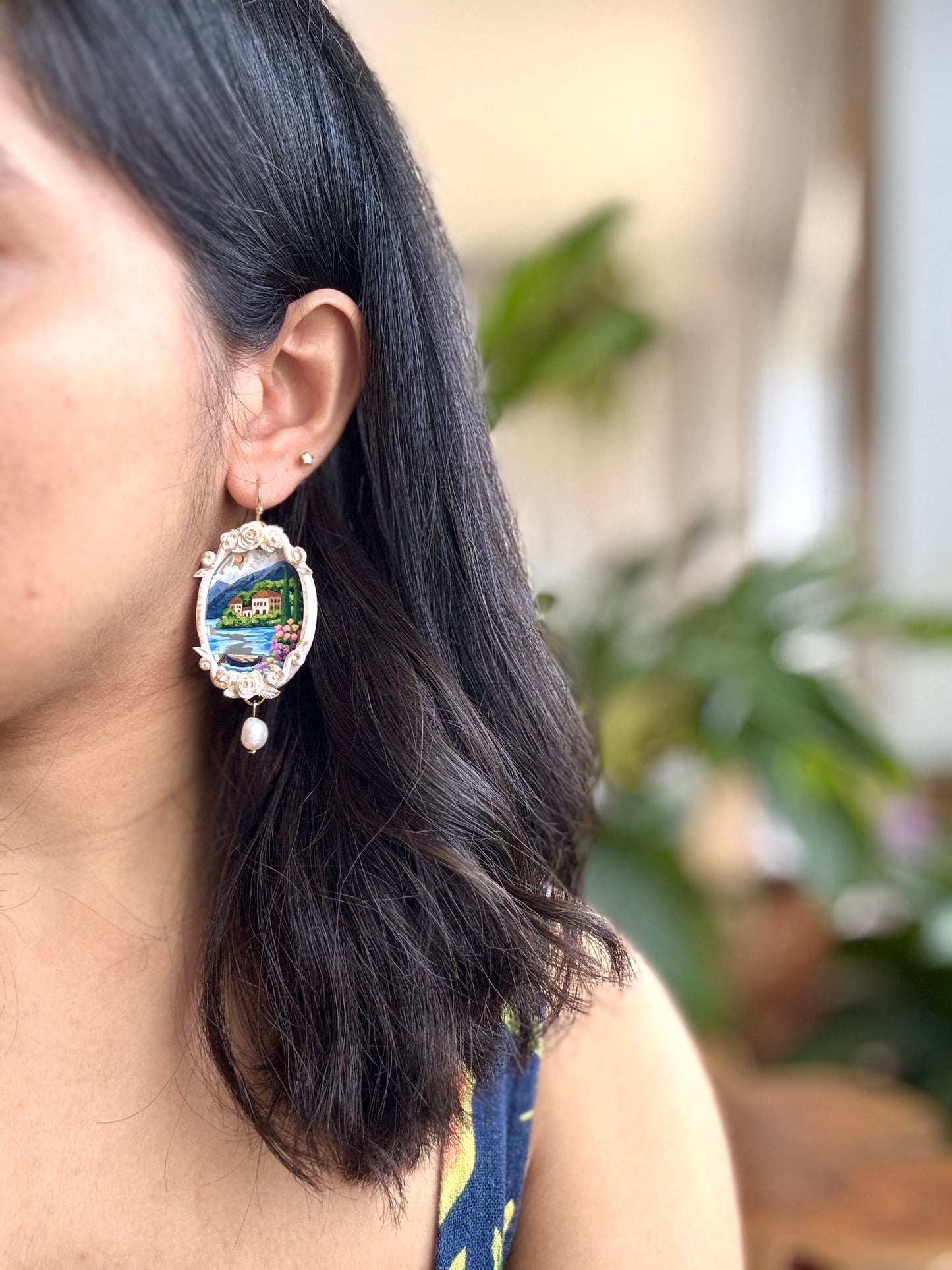 Hand Painted Gold Oval Coastal+ Seascape + Landscape Mirror Earrings 02- Landscape Jewelry
