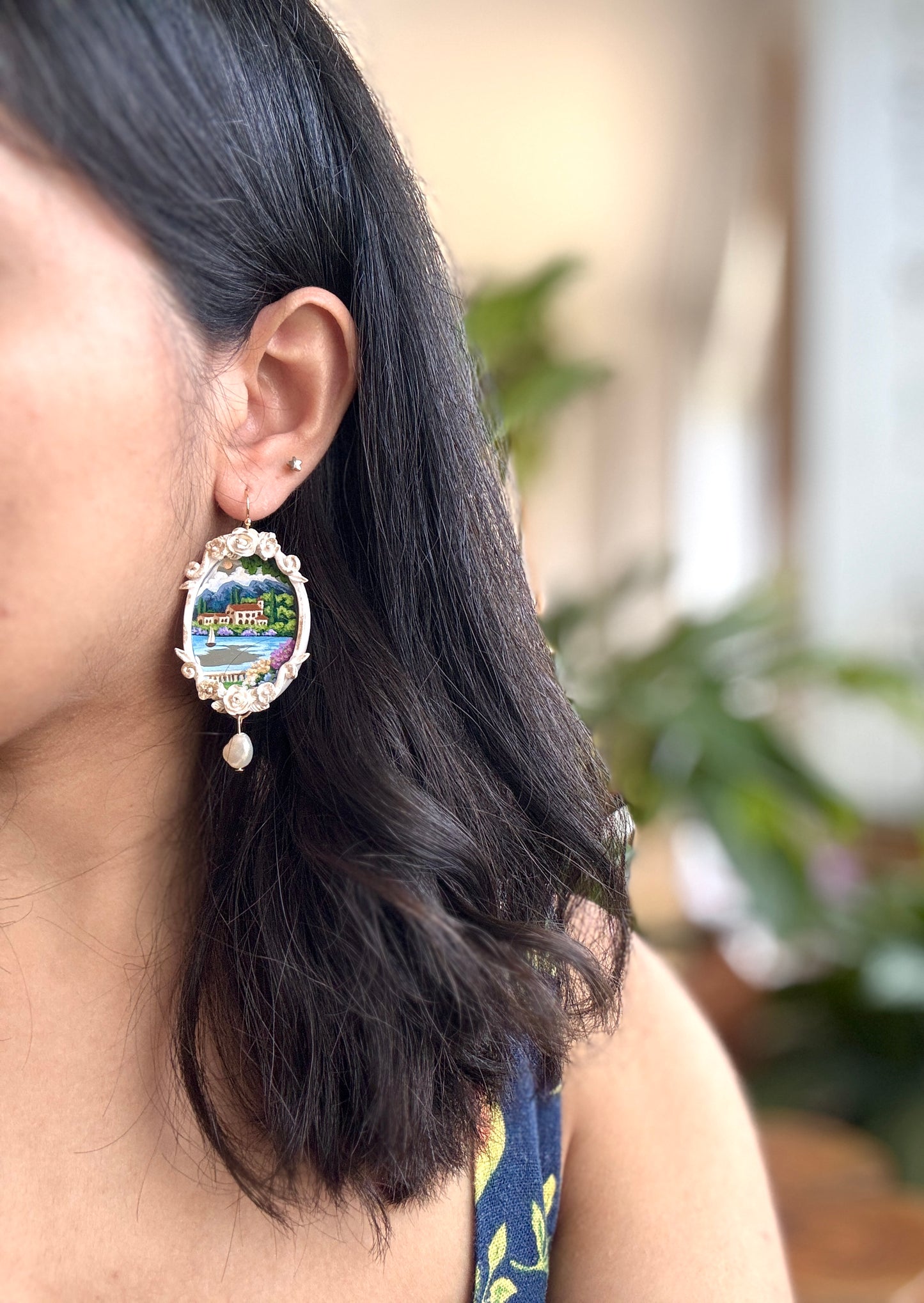 Hand Painted Gold Oval Coastal+ Seascape + Landscape Mirror Earrings 03- Landscape Jewelry