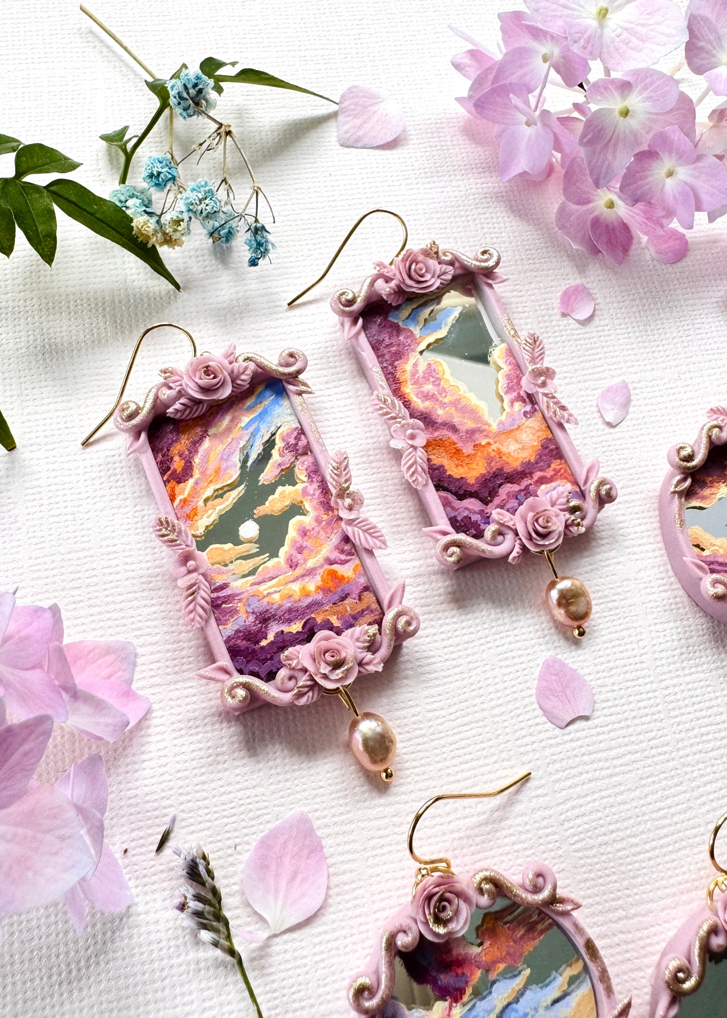 Hand Painted Rectangle Clouds + Skyscape Mirror Earrings - Landscape Jewelry