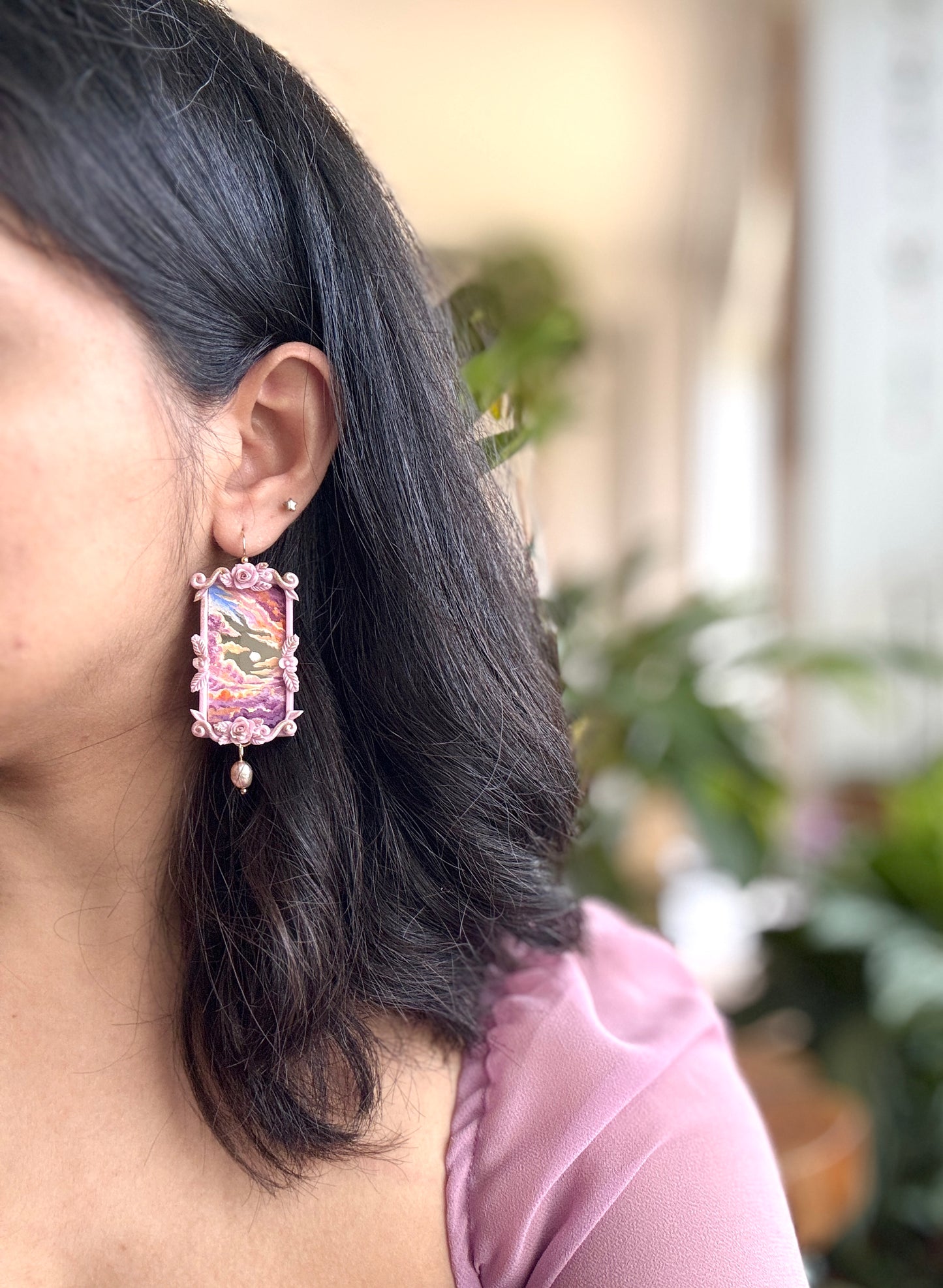 Hand Painted Rectangle Clouds + Skyscape Mirror Earrings - Landscape Jewelry