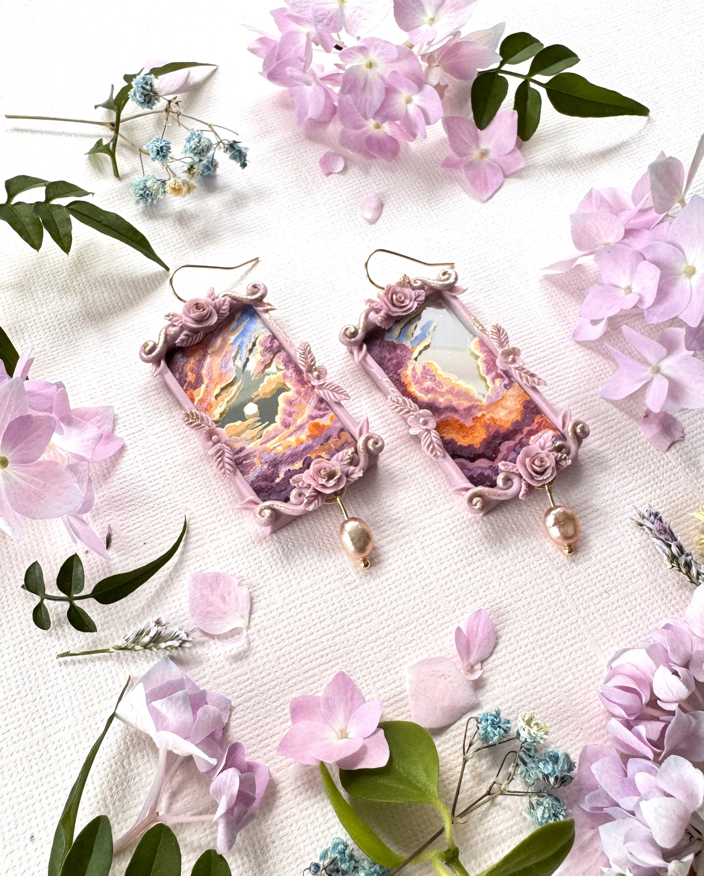 Hand Painted Rectangle Clouds + Skyscape Mirror Earrings - Landscape Jewelry
