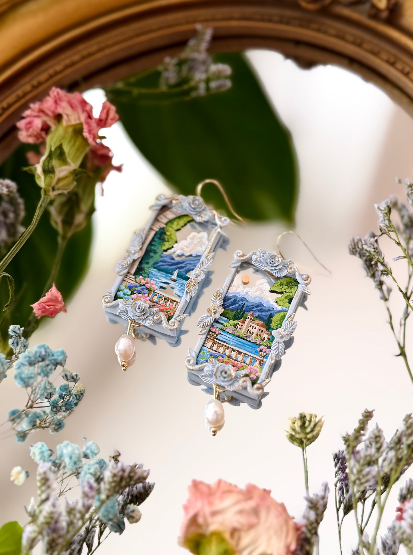 Hand Painted Rectangle Coastal + Seascape + Landscape Mirror Earrings - Landscape Jewelry