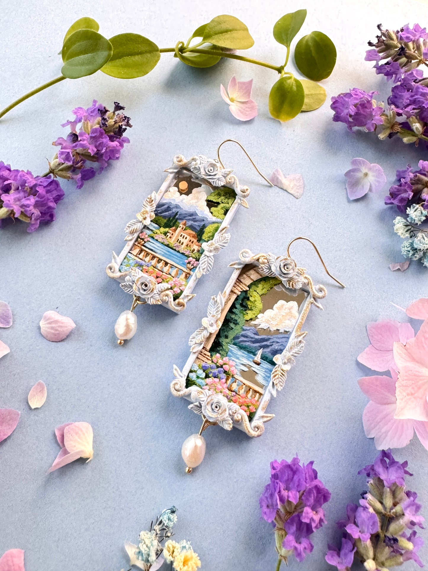 Hand Painted Rectangle Coastal + Seascape + Landscape Mirror Earrings - Landscape Jewelry