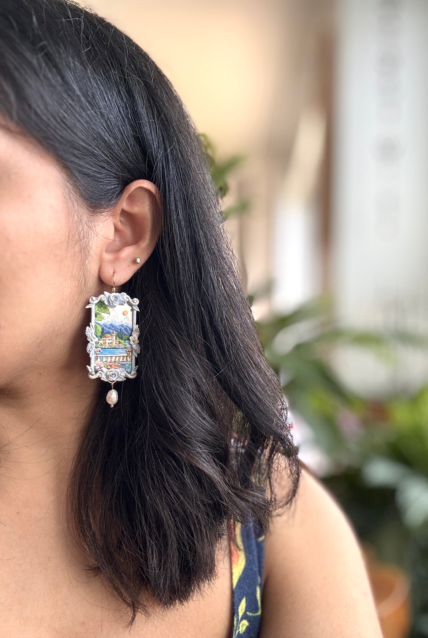 Hand Painted Rectangle Coastal + Seascape + Landscape Mirror Earrings - Landscape Jewelry
