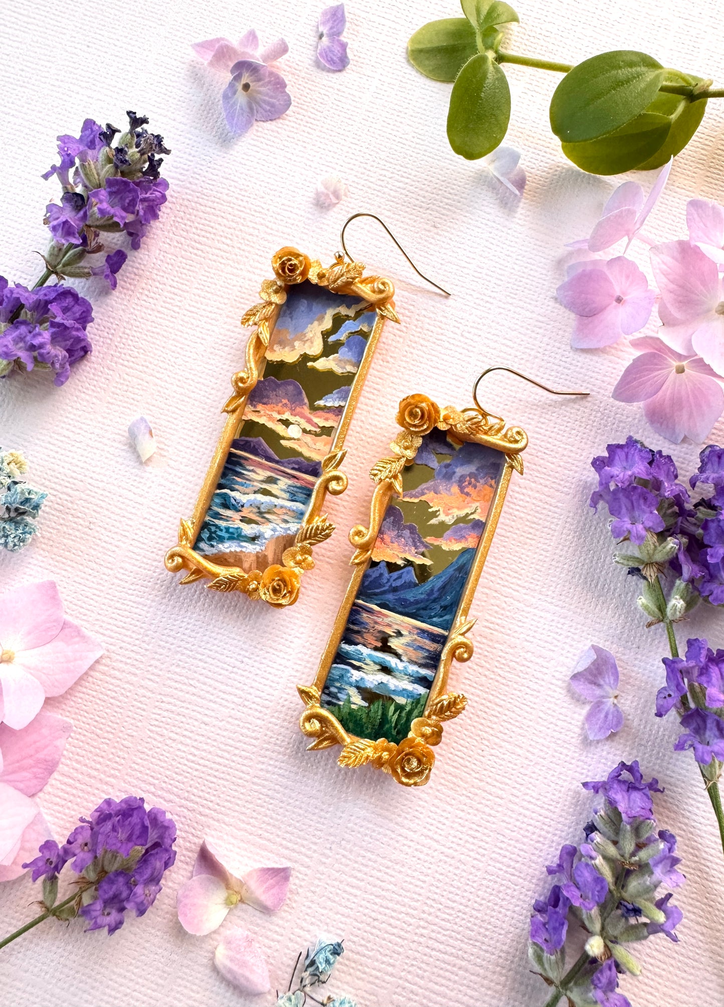 Hand Painted Gold Rectangular Sunset + Ocean + Seascape Mirror Earrings- Landscape Jewelry