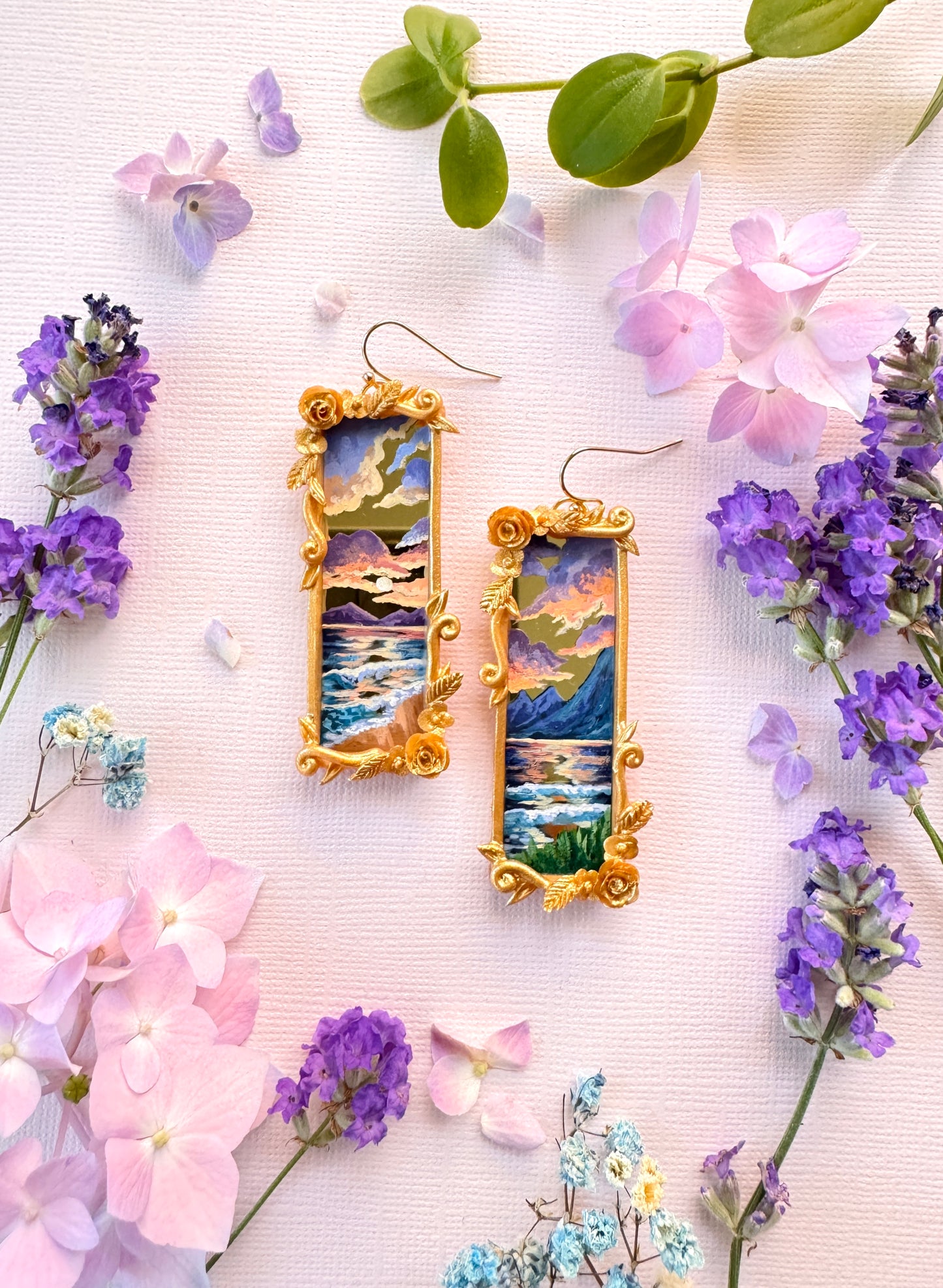 Hand Painted Gold Rectangular Sunset + Ocean + Seascape Mirror Earrings- Landscape Jewelry