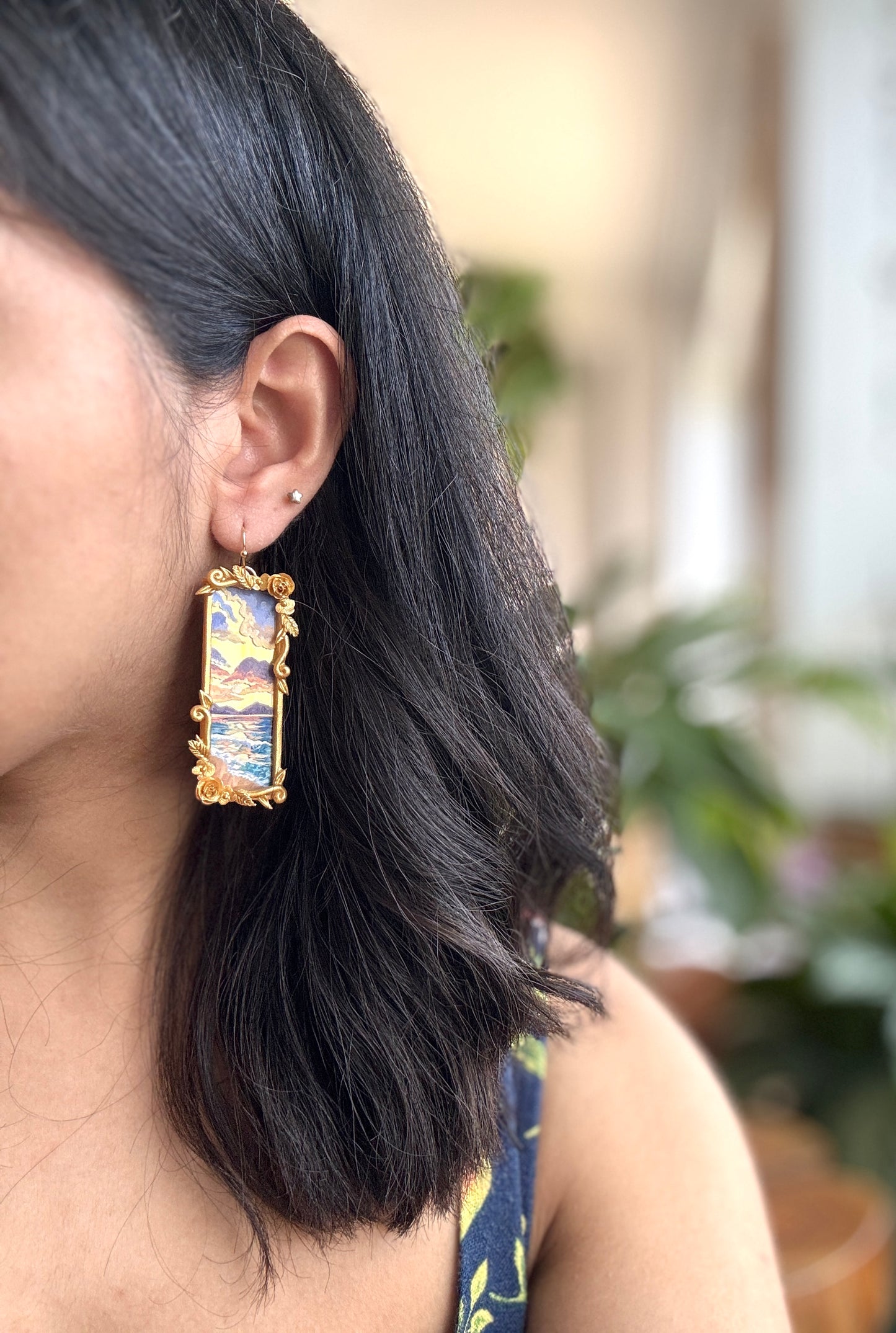 Hand Painted Gold Rectangular Sunset + Ocean + Seascape Mirror Earrings- Landscape Jewelry