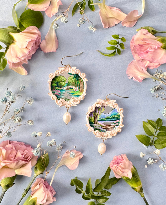 Boat + Bridge Hand Painted Landscape Mirror Earrings -  Jewelry