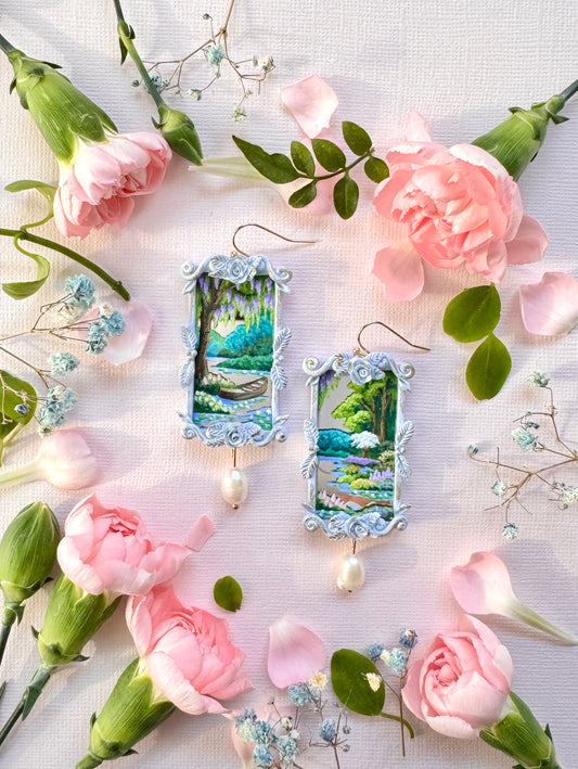 Boat + Garden Hand Painted Landscape Mirror Earrings -  Jewelry