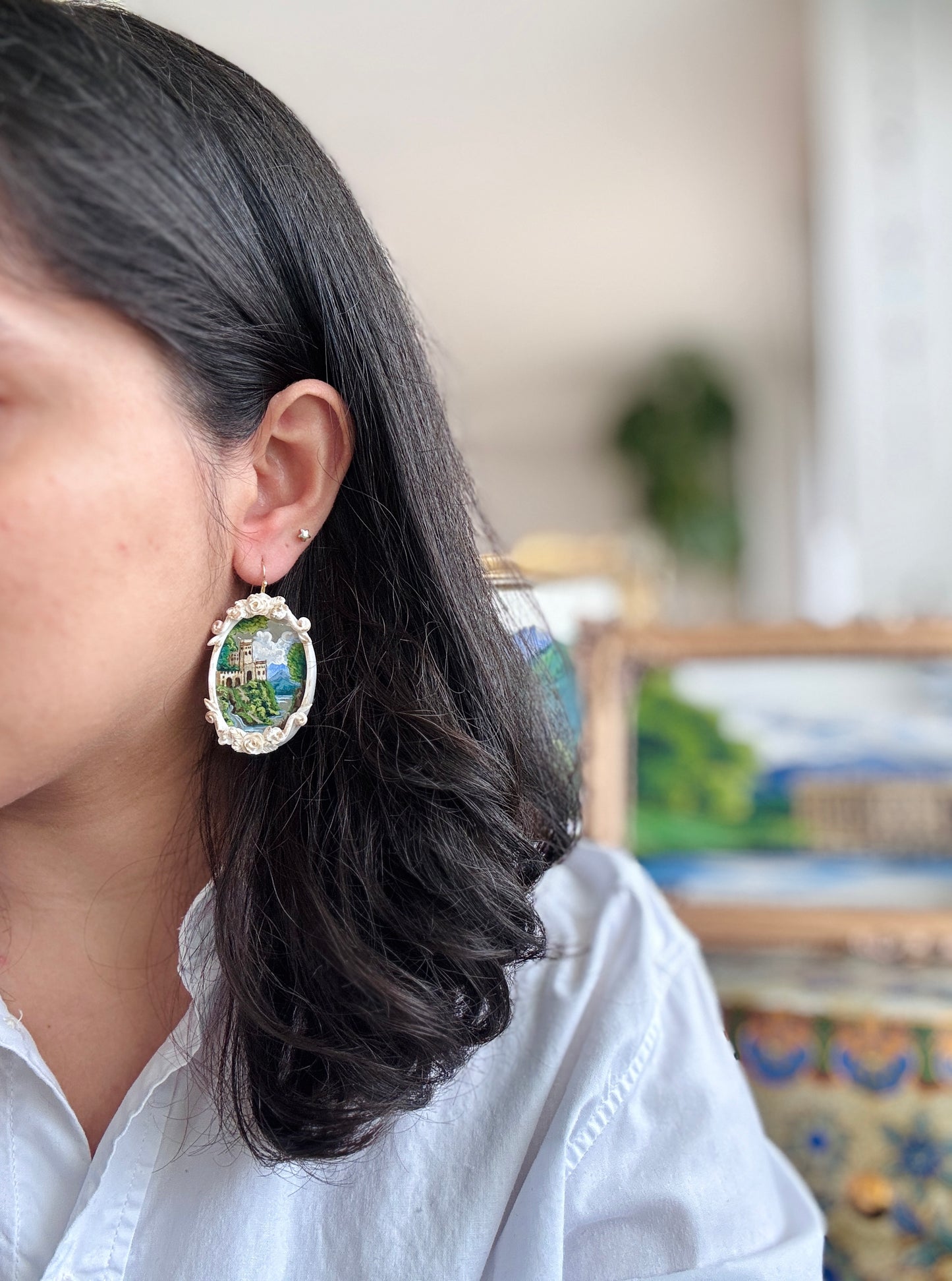Hand Painted Castle + Waterfall Landscape Mirror Earrings- Fairytale/Landscape Jewelry