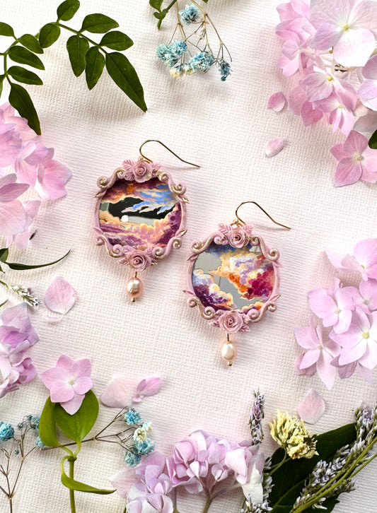 Hand Painted Circle Clouds + Skyscape Mirror Earrings - Landscape Jewelry