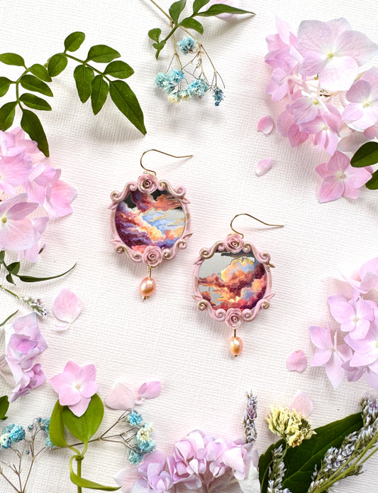 Hand Painted Small Circle Clouds + Skyscape Mirror Earrings - Landscape Jewelry