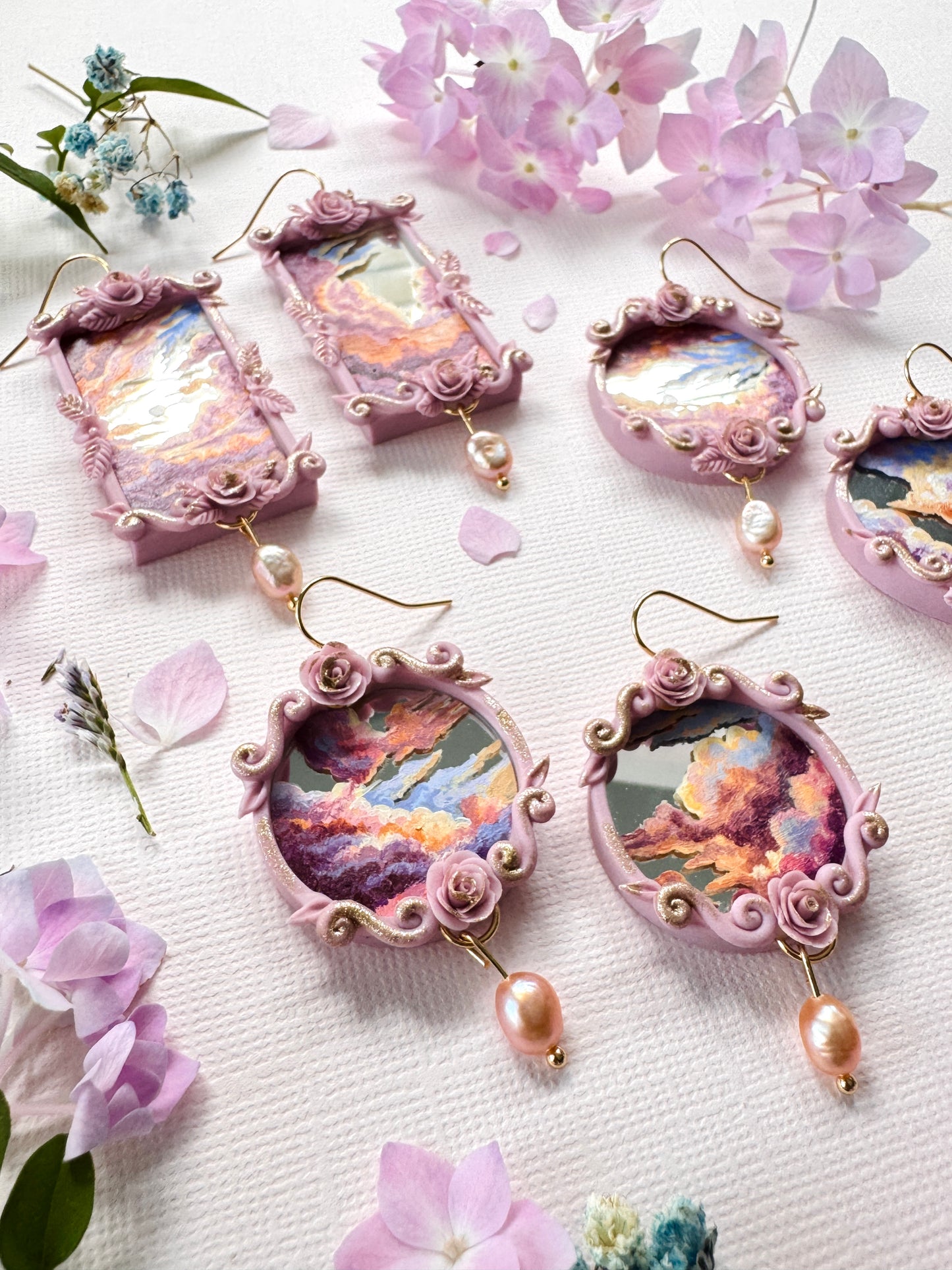 Hand Painted Circle Clouds + Skyscape Mirror Earrings - Landscape Jewelry