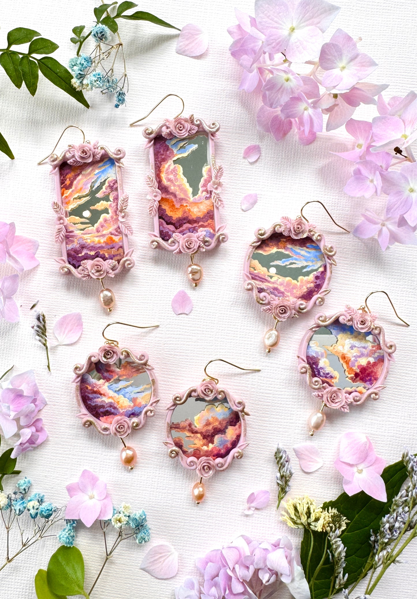 Hand Painted Circle Clouds + Skyscape Mirror Earrings - Landscape Jewelry
