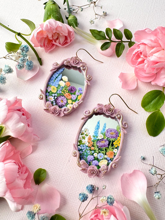 Floral Hand Painted Landscape Mirror Earrings -  Jewelry