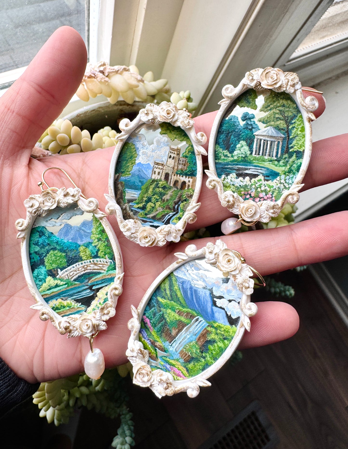 Hand Painted Castle + Waterfall Landscape Mirror Earrings- Fairytale/Landscape Jewelry