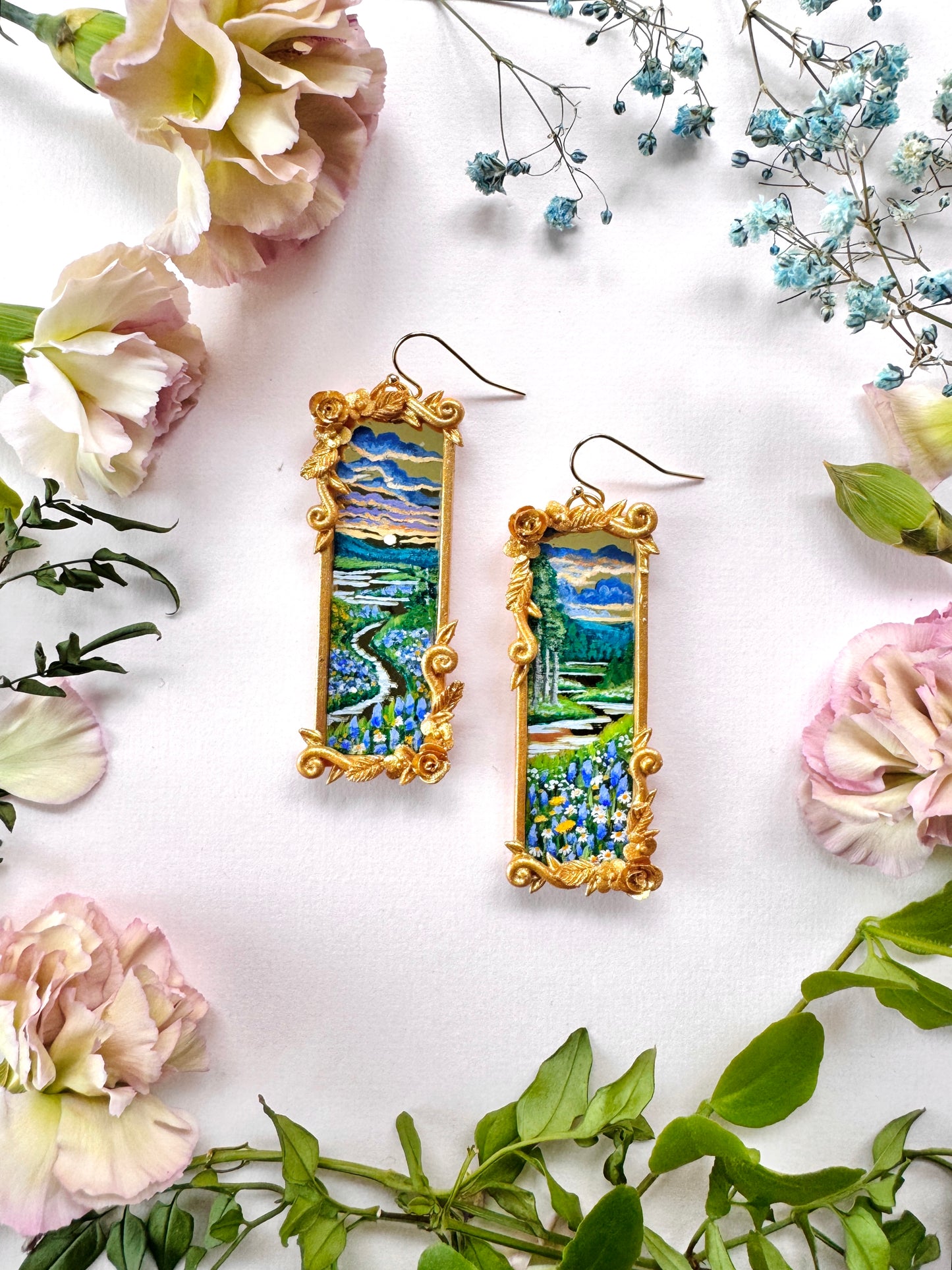 Hand Painted Gold Rectangle Landscape Mirror Earrings- Landscape Jewelry