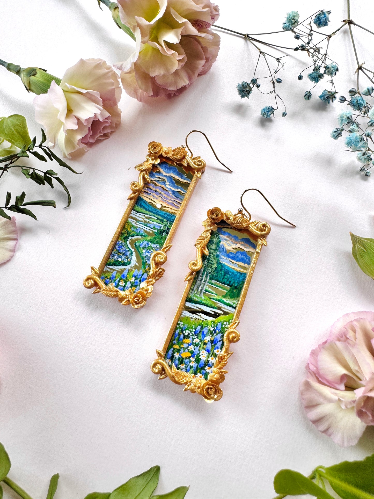 Hand Painted Gold Rectangle Landscape Mirror Earrings- Landscape Jewelry