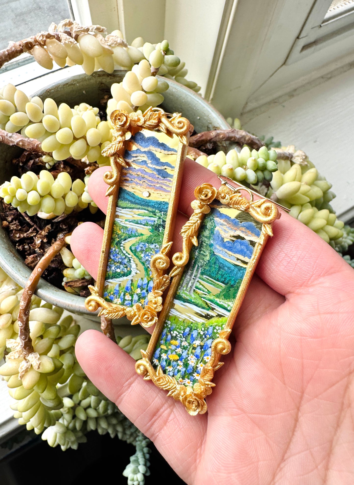 Hand Painted Gold Rectangle Landscape Mirror Earrings- Landscape Jewelry