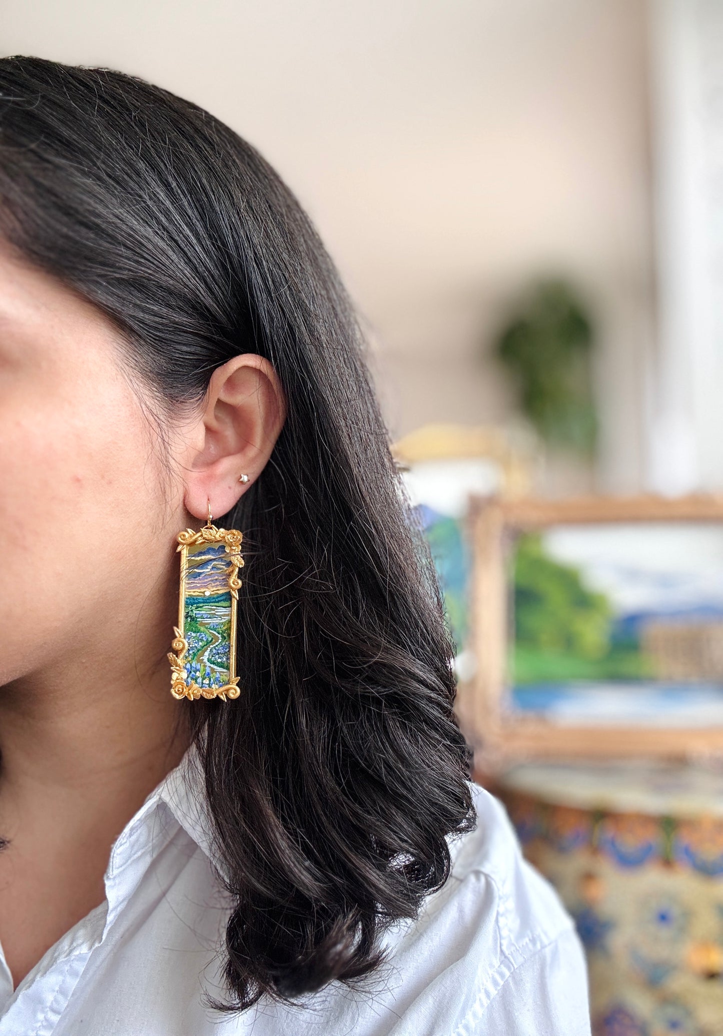 Hand Painted Gold Rectangle Landscape Mirror Earrings- Landscape Jewelry