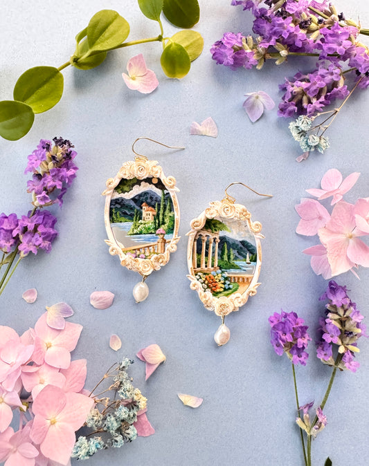 Hand Painted Gold Oval Coastal+ Seascape + Landscape Mirror Earrings 01- Landscape Jewelry (Copy)