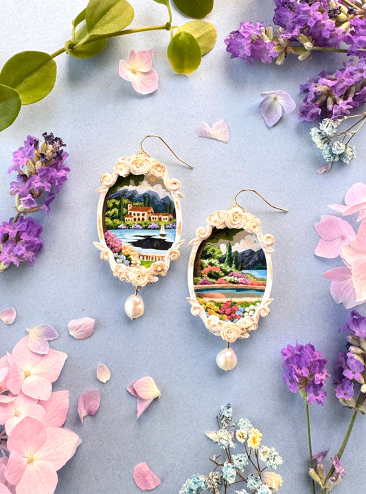 Hand Painted Gold Oval Coastal+ Seascape + Landscape Mirror Earrings 03- Landscape Jewelry