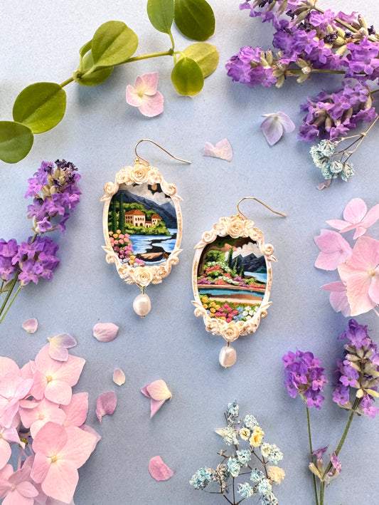 Hand Painted Gold Oval Coastal+ Seascape + Landscape Mirror Earrings 02- Landscape Jewelry