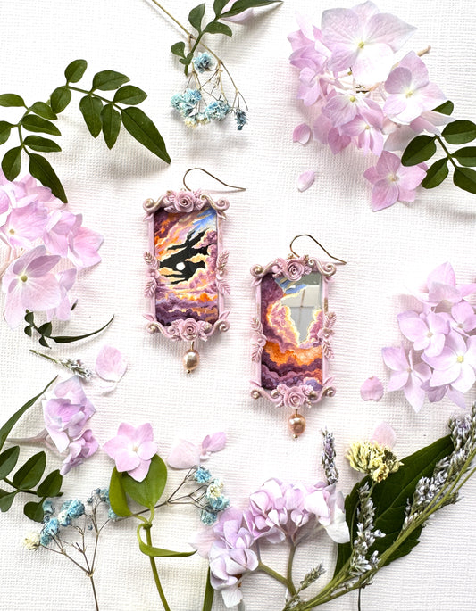 Hand Painted Rectangle Clouds + Skyscape Mirror Earrings - Landscape Jewelry