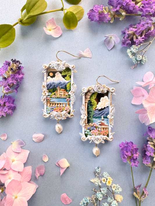 Hand Painted Rectangle Coastal + Seascape + Landscape Mirror Earrings - Landscape Jewelry