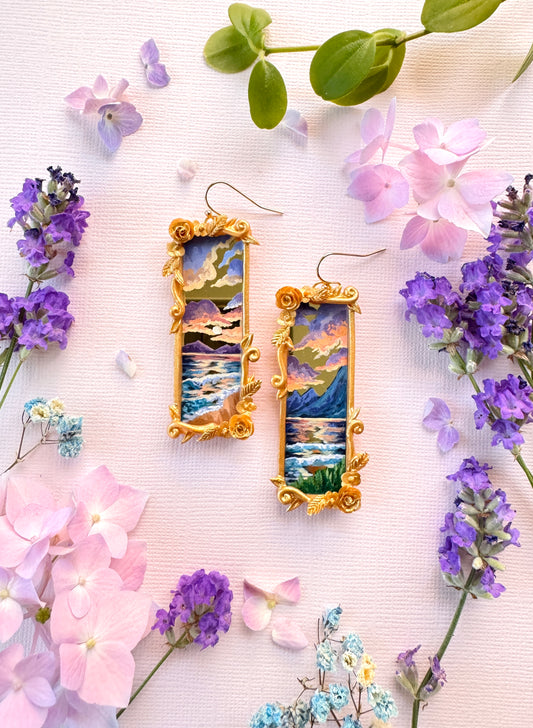 Hand Painted Gold Rectangular Sunset + Ocean + Seascape Mirror Earrings- Landscape Jewelry