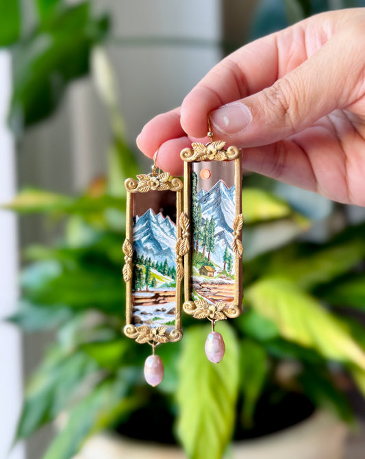 Long Rose Gold Painted Mountains Mirror Earrings