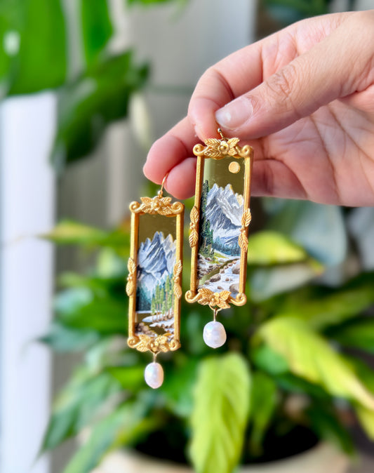 Long Gold Painted Mountains Mirror EARRINGS