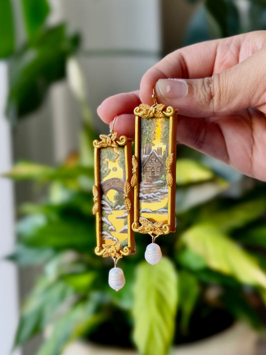 Long Gold Painted Cabin + Bridge Mirror Earrings