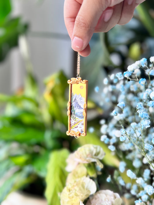 Long Gold Painted Mountains Mirror NECKLACE