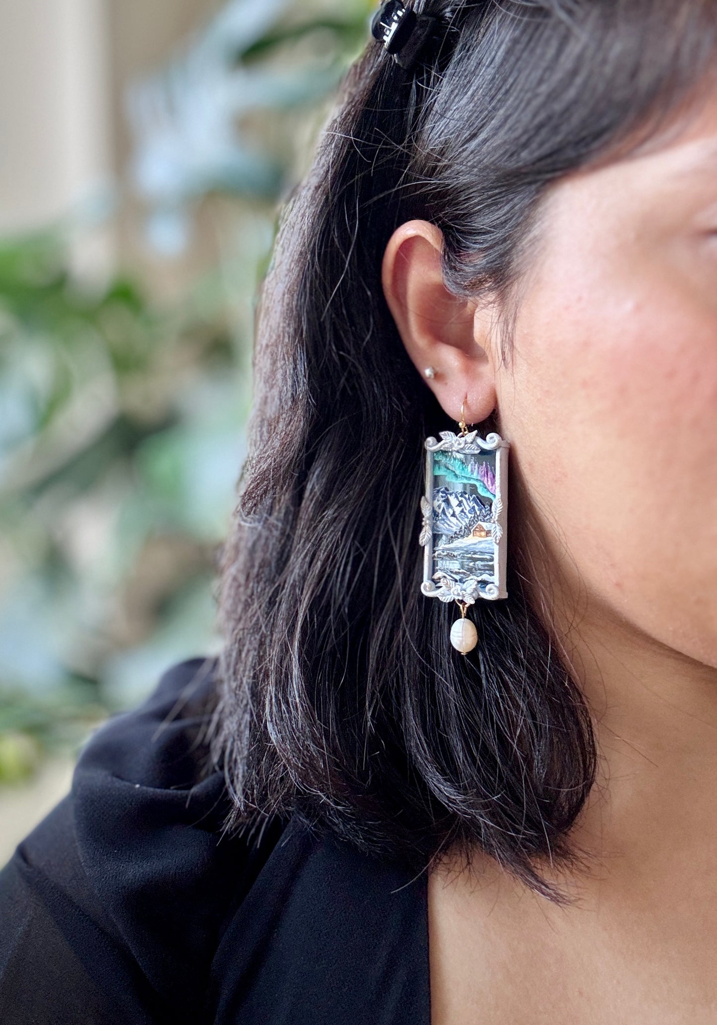 Dark Grey Painted Cabin + Northern Lights Mirror Earrings