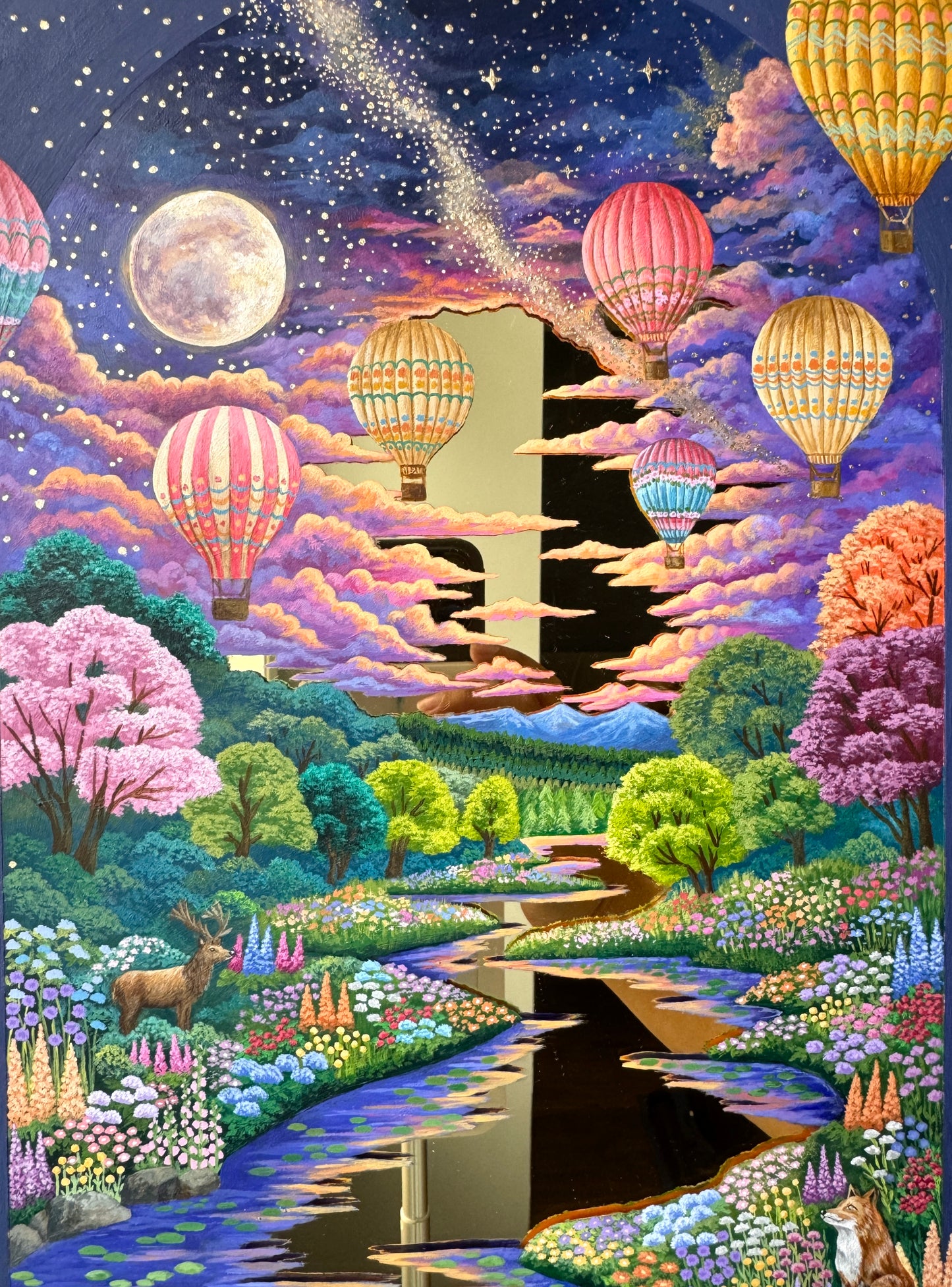 "Secret Wonders in the Night Sky" - Hand Painted Landscape Mirror Wall Art