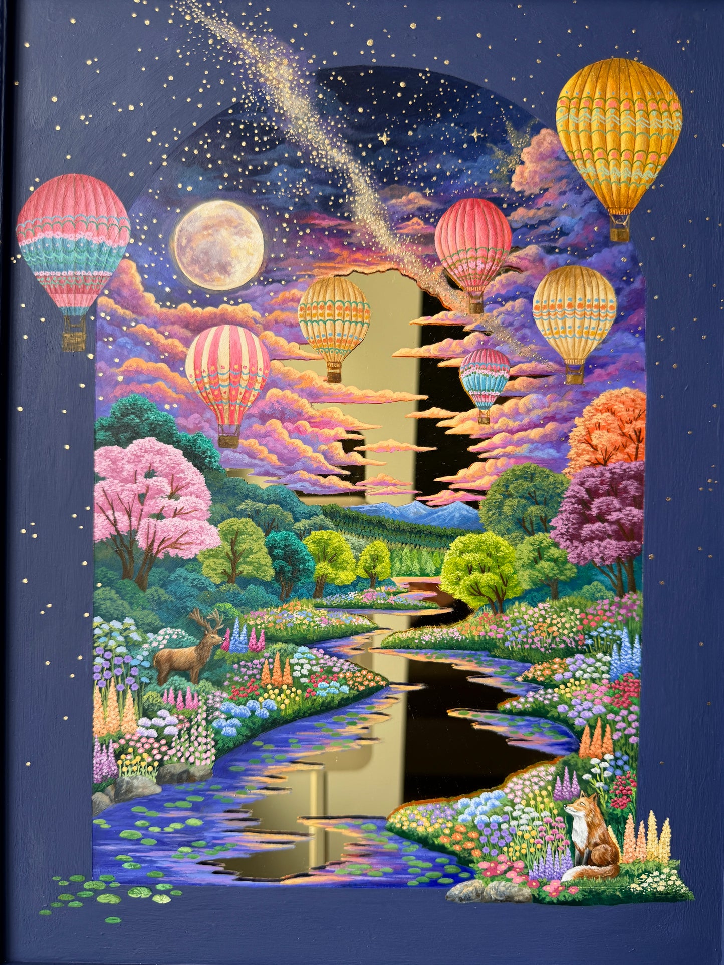 "Secret Wonders in the Night Sky" - Hand Painted Landscape Mirror Wall Art