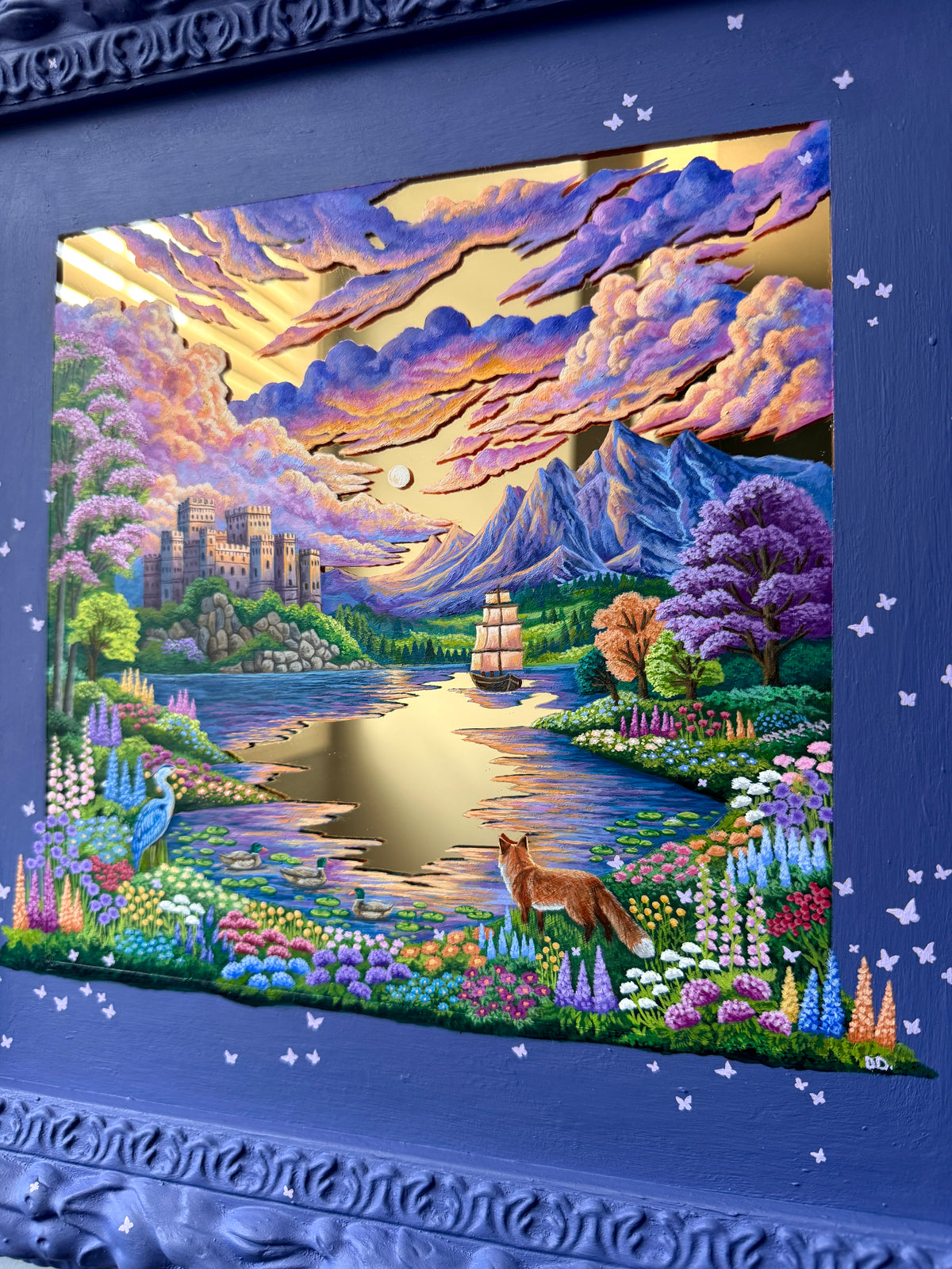 "The Fox and the Heron: Companions of the Golden Lake" - Hand Painted Landscape Mirror