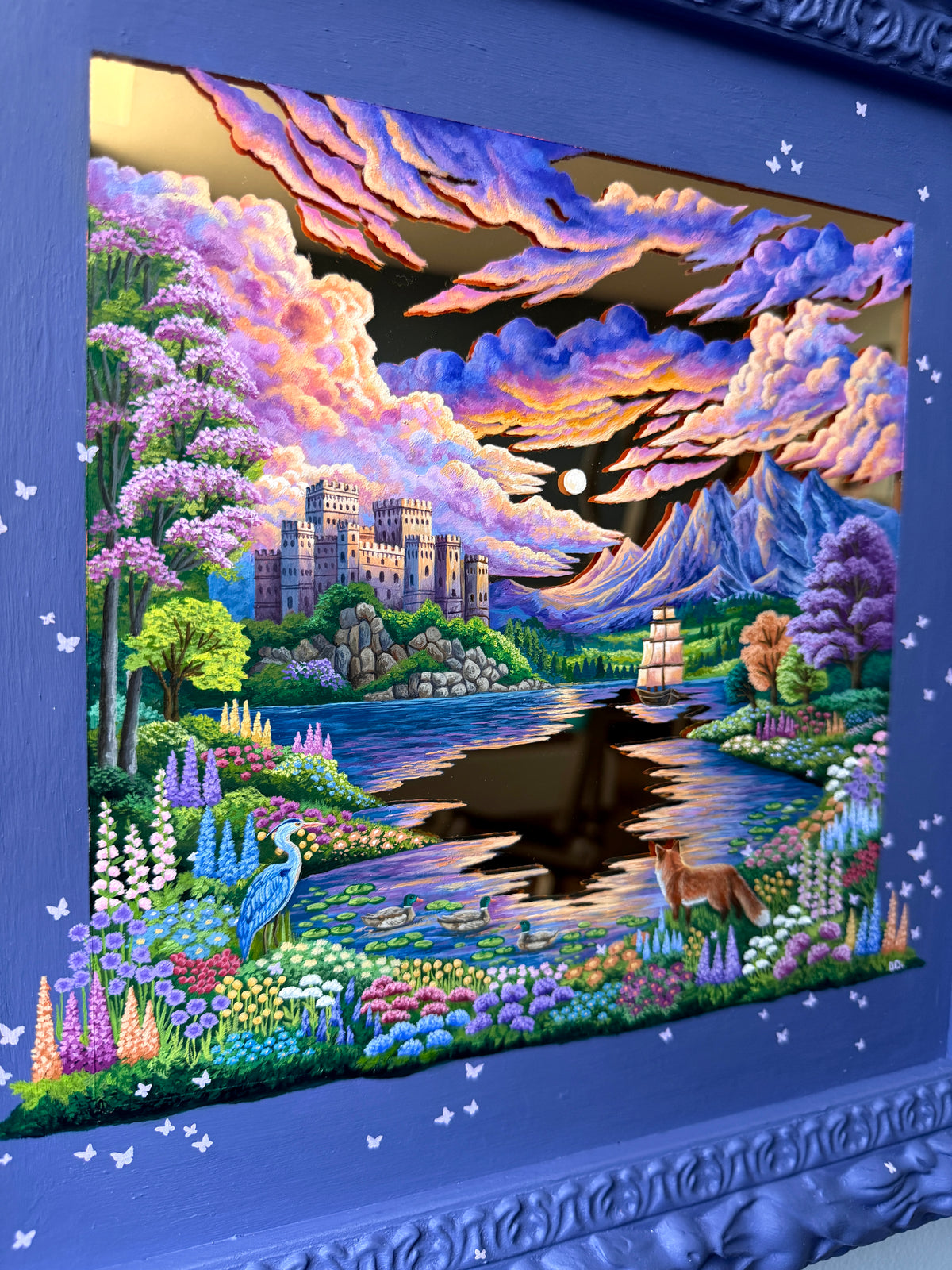 "The Fox and the Heron: Companions of the Golden Lake" - Hand Painted Landscape Mirror