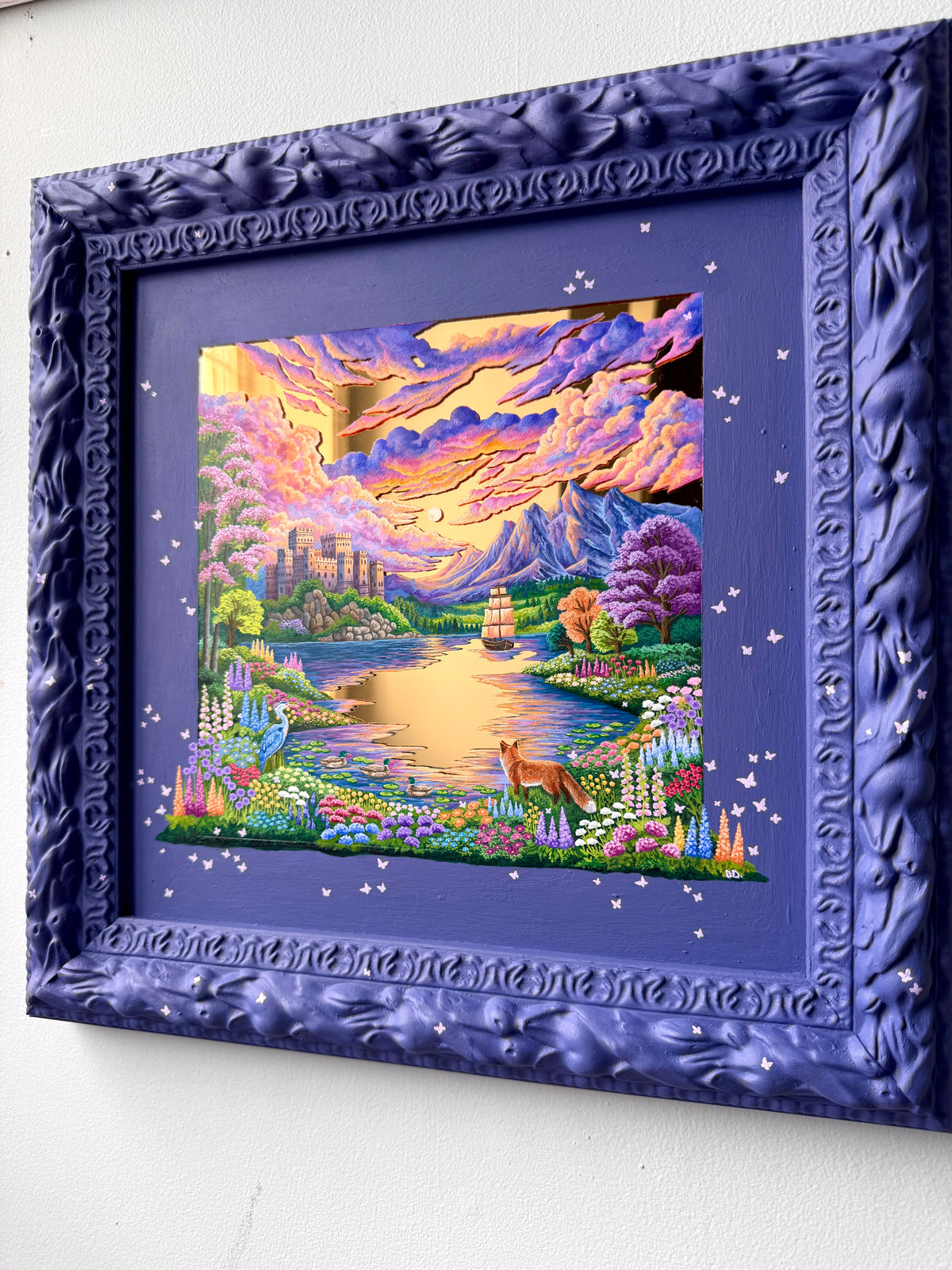 "The Fox and the Heron: Companions of the Golden Lake" - Hand Painted Landscape Mirror
